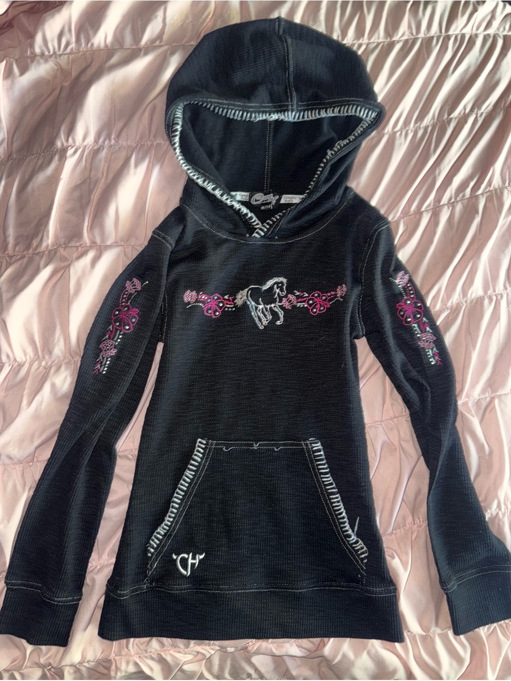 Cowgirl Hardware Black & pink embroidered hoodie with white horse graphic